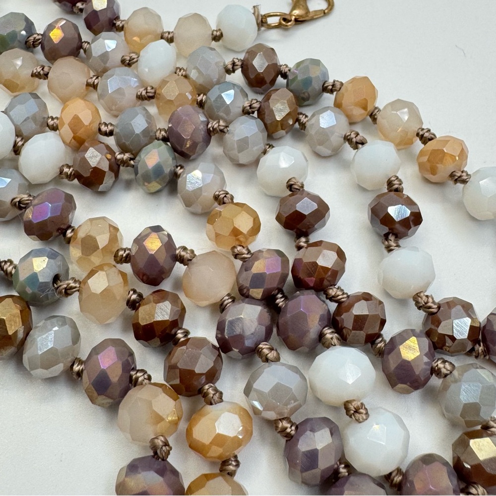 Faceted Glass Bead Necklace Neutral Tones Hand Knotted View 2